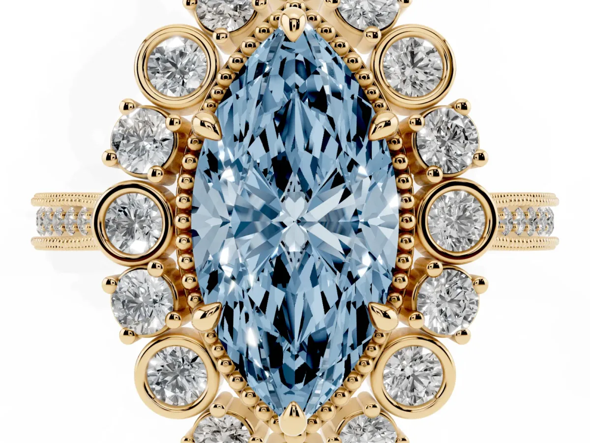 Fancy Blue Marquise Cut Halo Milgrain Pave Diamond Ring with Four-Prong Setting Yellow gold