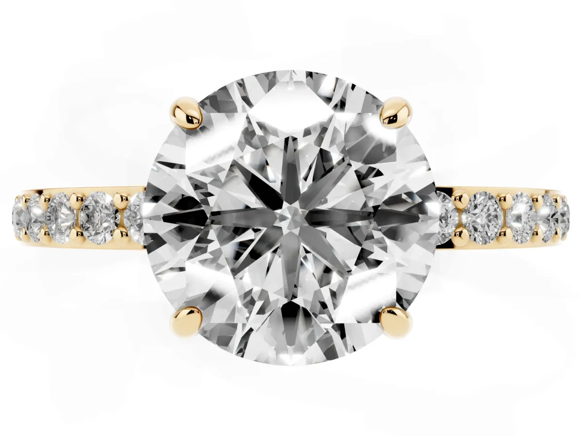 Round Cut Diamond Pavé Engagement Ring with Round Accents and Prong Setting Yellow gold