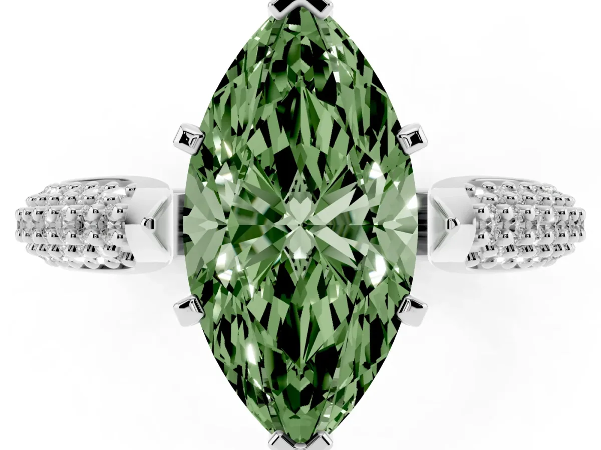 Fancy Green Marquise Cut Diamond Solitaire Engagement Ring with Multi-Row Round Pavé Band and Prong Setting Silver