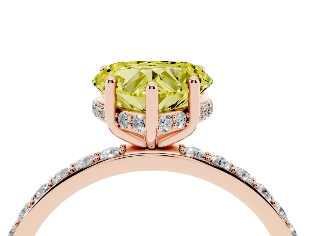 Fancy Yellow Heart Cut Diamond Solitaire Ring with Pavé Band and Hidden Halo Rose gold