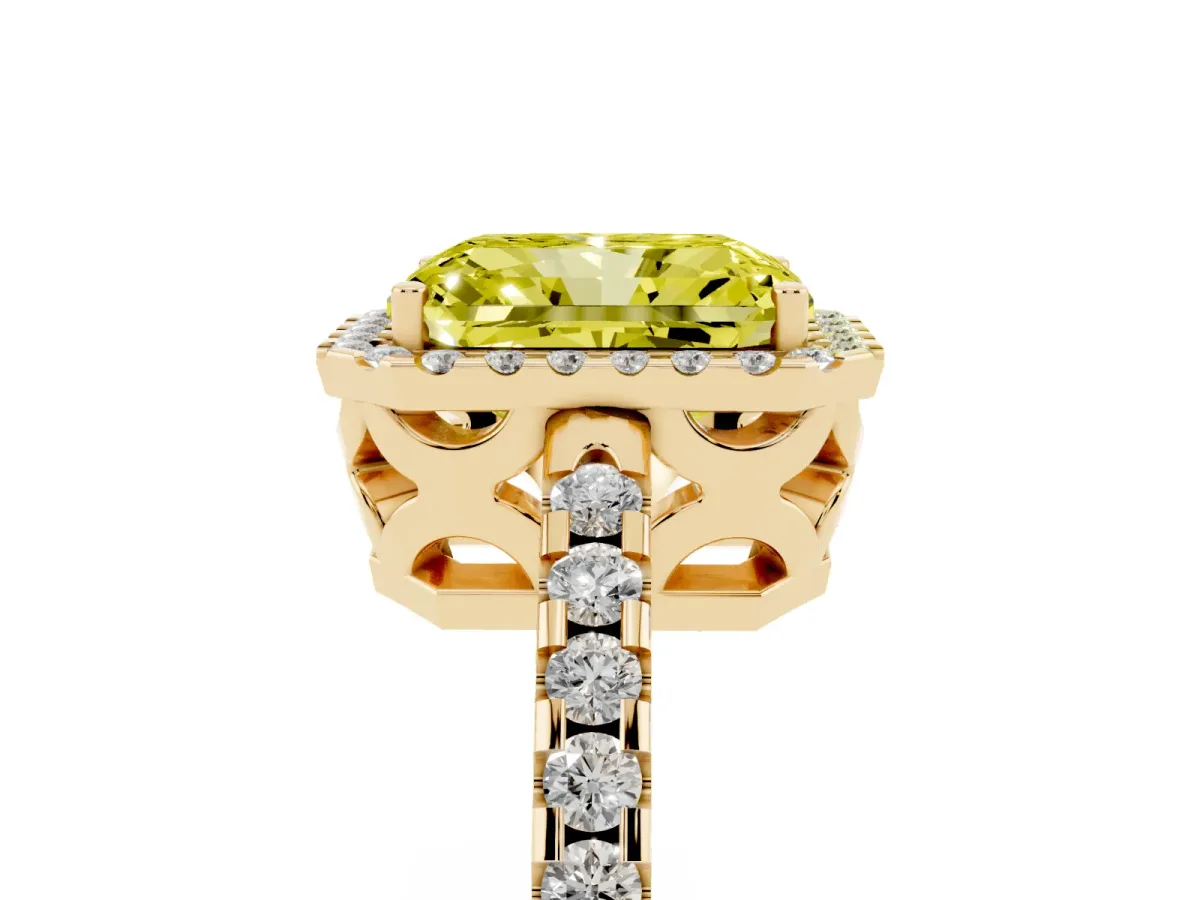 Fancy Yellow Radiant Cut Diamond Halo Engagement Ring with Pavé Band and Prong Setting Yellow gold