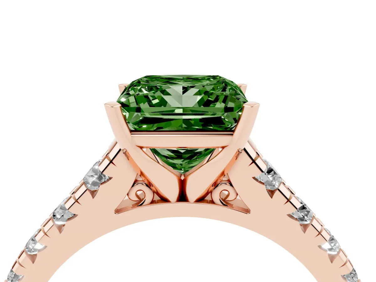 Fancy Green Princess Cut Diamond Cathedral Solitaire Ring with Round Pavé Band Rose gold