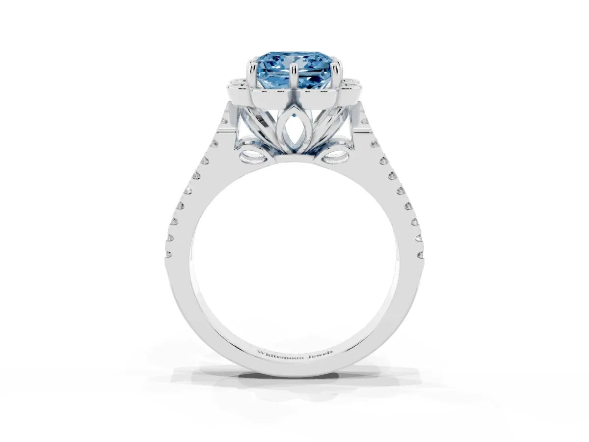 Fancy Blue Princess Cut Halo Diamond Floral Split Shank Engagement Ring Silver