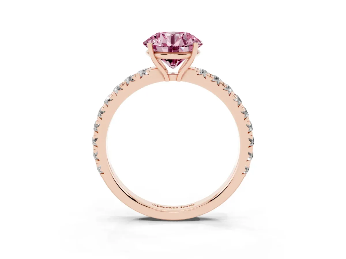 Fancy Pink Round Cut Diamond Pavé Solitaire Engagement Ring with Four-Prong Setting Rose gold