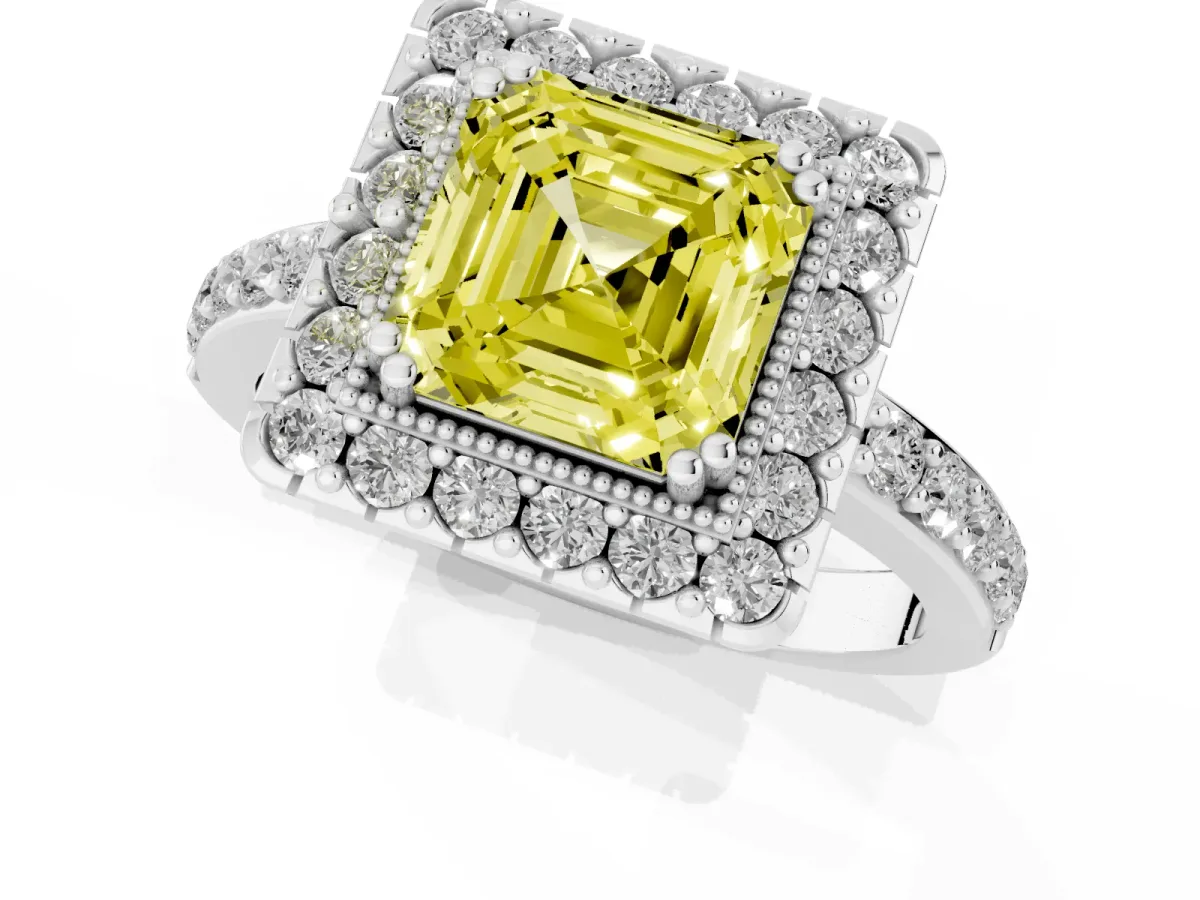 Fancy Yellow Asscher Cut Diamond Halo Ring with Pavé Band and Prong Setting Platinum