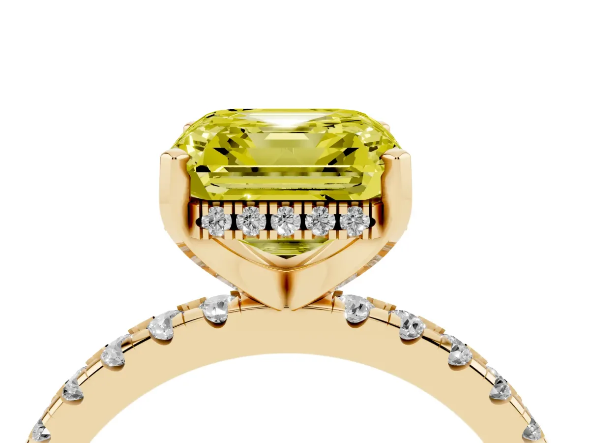Fancy Yellow Asscher Cut Diamond Solitaire Ring with Round Pavé Band and Four-Prong Setting Yellow gold
