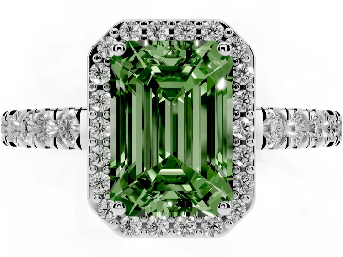 Fancy Green Emerald Cut Cut Halo Diamond Engagement Ring with Pave Band and Four-Prong Setting Platinum