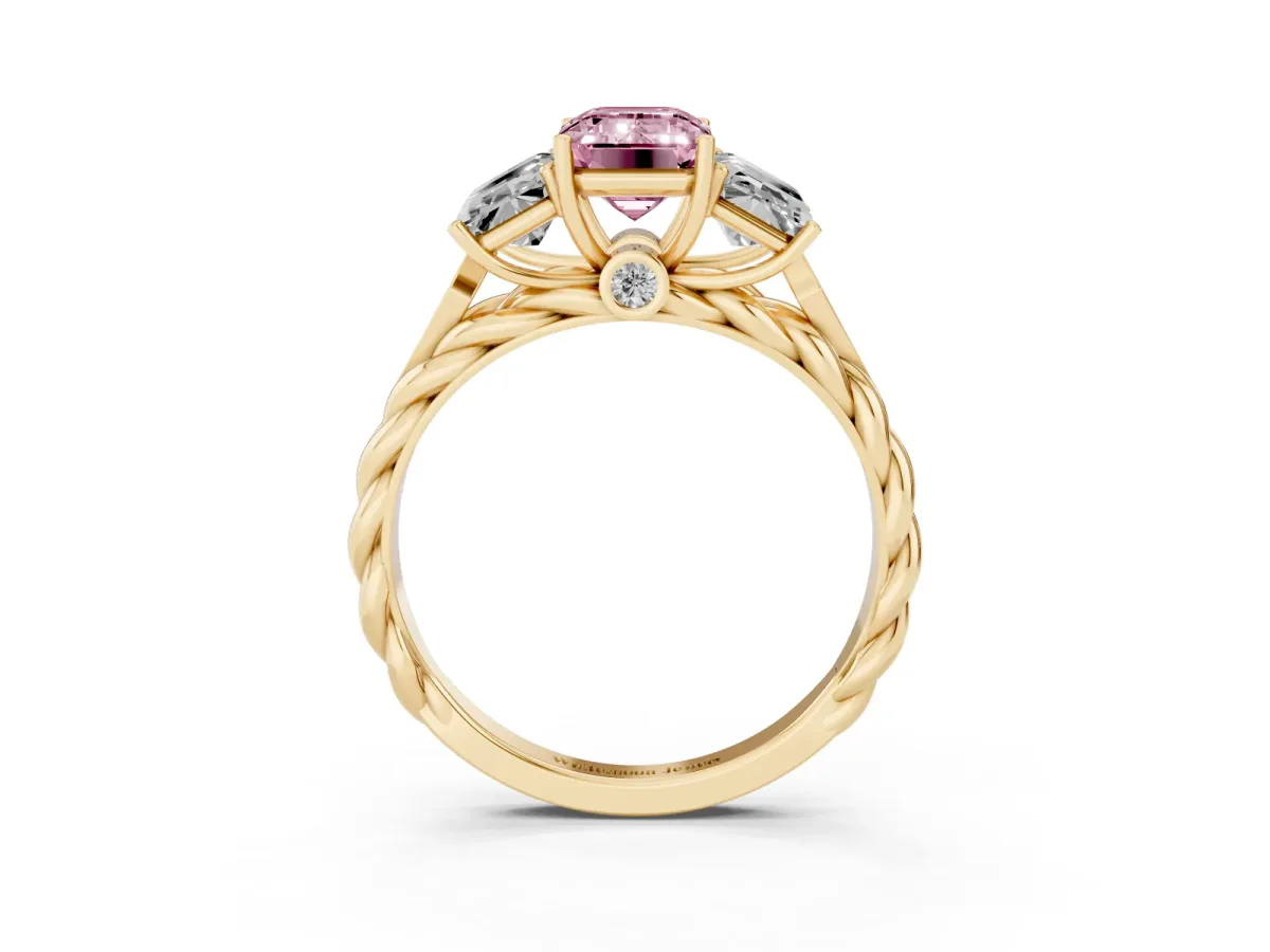 Fancy Pink Three-Stone Emerald Cut Diamond Braided Band Ring with Four-Prong Setting Yellow gold