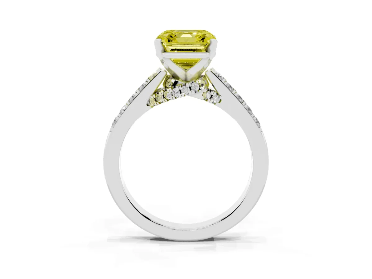 Fancy Yellow Asscher Cut Diamond Solitaire Ring with Crossover Gallery and Round Pavé Band Platinum