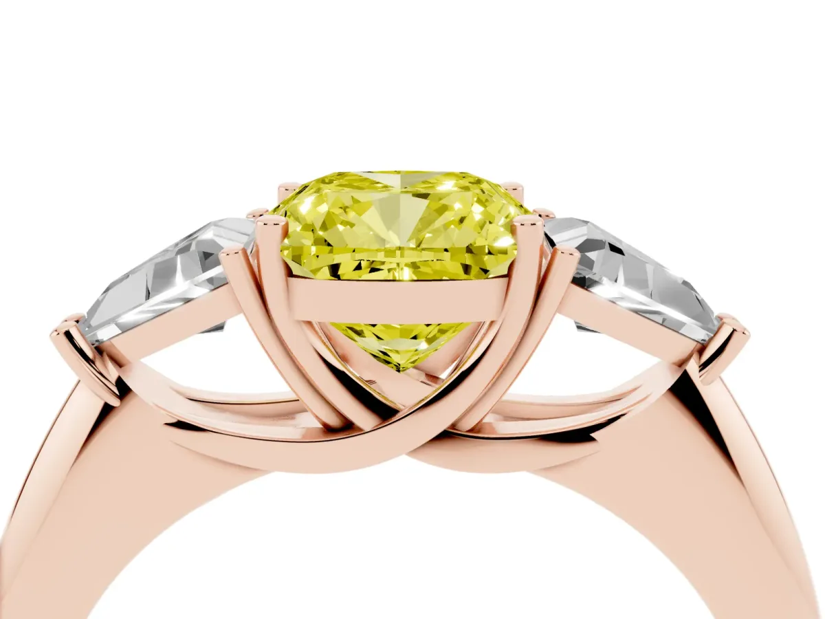 Fancy Yellow Three-Stone Cushion Cut Diamond Engagement Ring with Trillion Side Stones and Prong Setting Rose gold