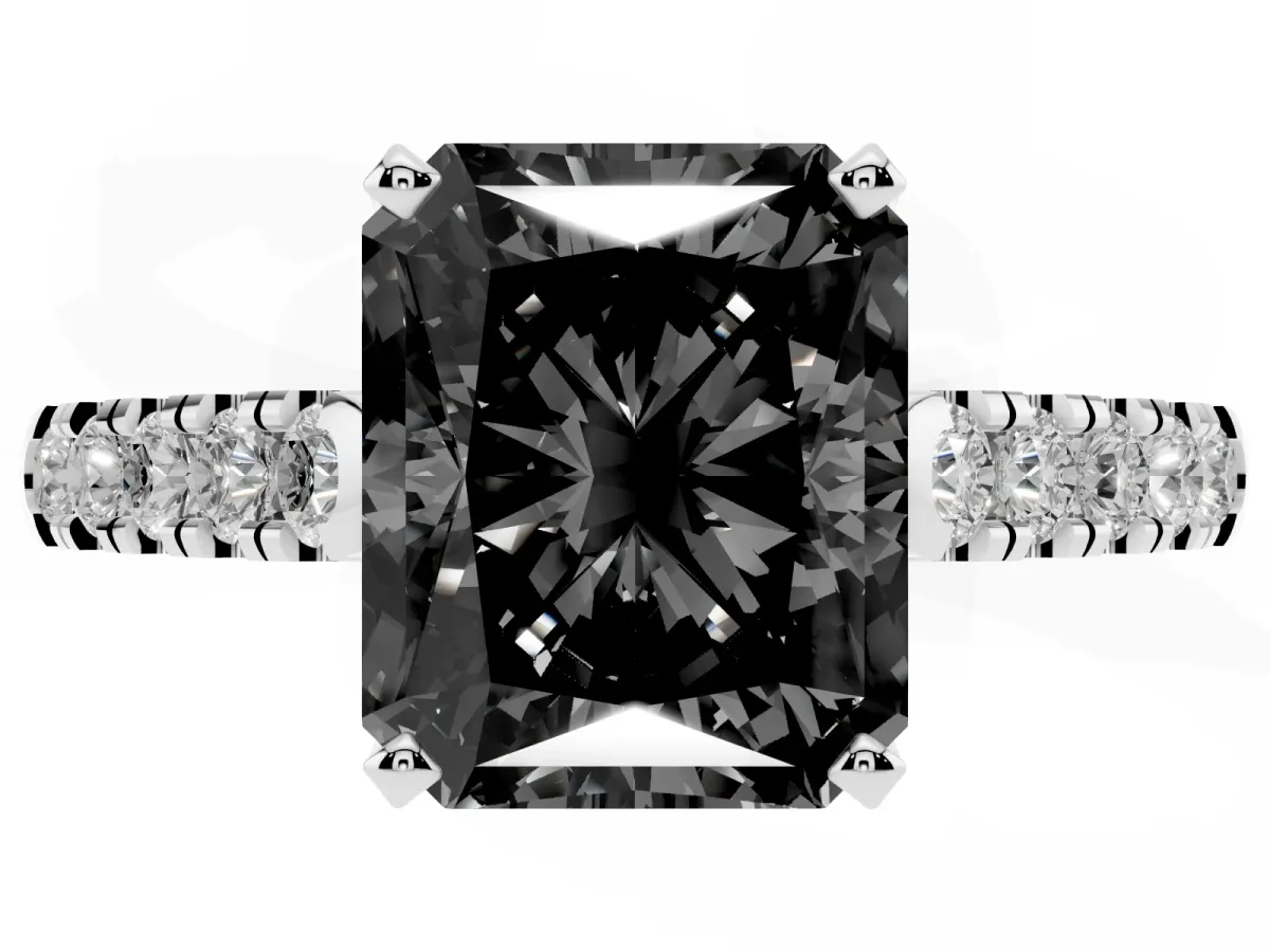 Fancy Black Radiant Cut Diamond Pavé Band Solitaire Ring with Prong Setting Platinum