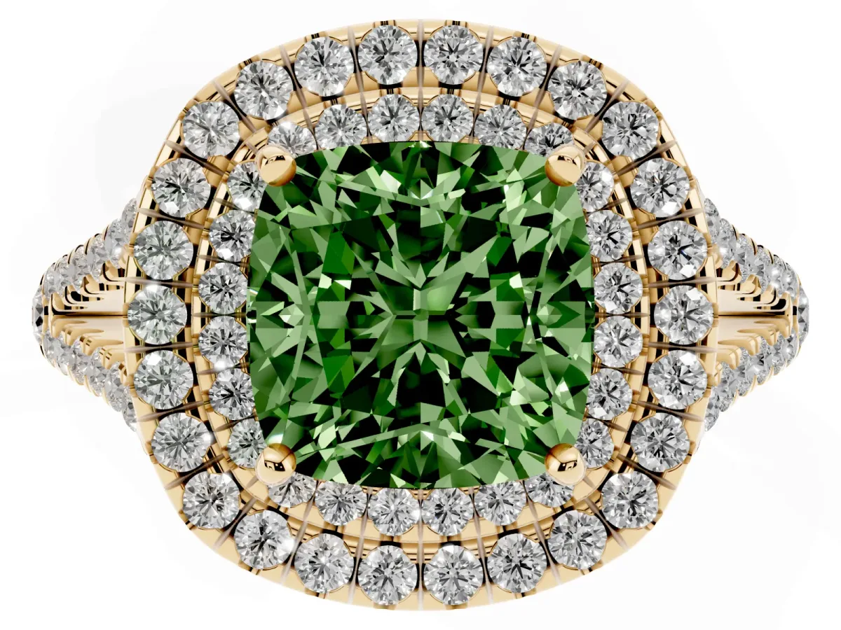 Fancy Green Cushion Cut Diamond Double Halo Ring with Pavé Band and Prong Setting Yellow gold