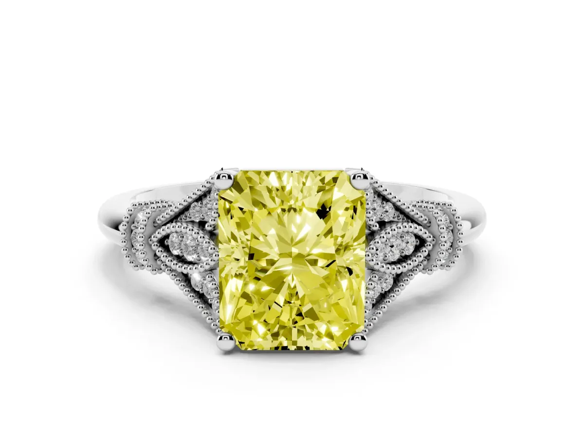 Fancy Yellow Radiant Cut Diamond Solitaire Ring with Floral Filigree and Pave Accents Silver