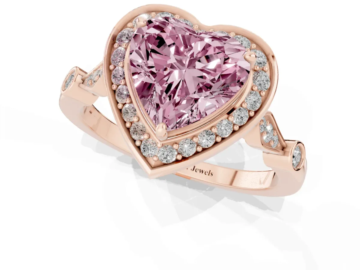 Fancy Pink Heart Cut Halo Diamond Engagement Ring with Twisted Band and Four-Prong Setting Rose gold