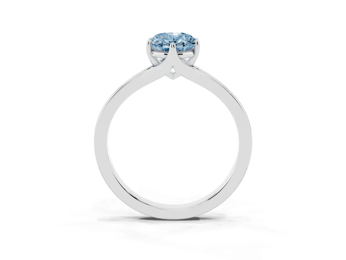 Fancy Blue Oval Cut Solitaire Diamond Ring with Six-Prong Setting and Tapered Band Silver