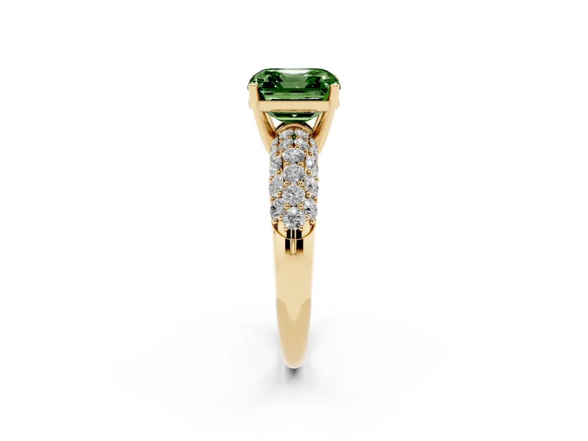 Fancy Green Asscher Cut Diamond Pavé Band Solitaire Ring with Four-Prong Setting Yellow gold