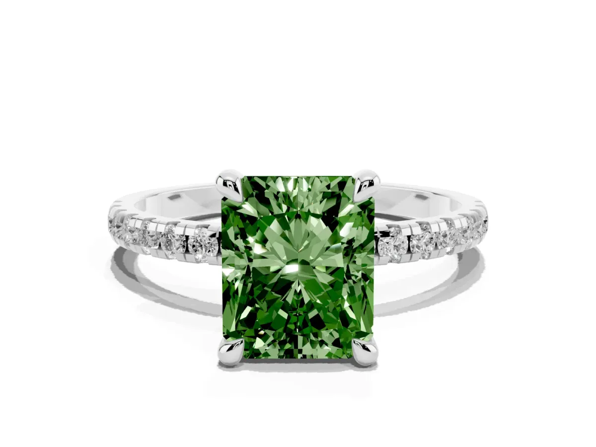 Fancy Green Radiant Cut Diamond Brilliant Solitaire Ring with Pavé Band and Four-Prong Setting Silver