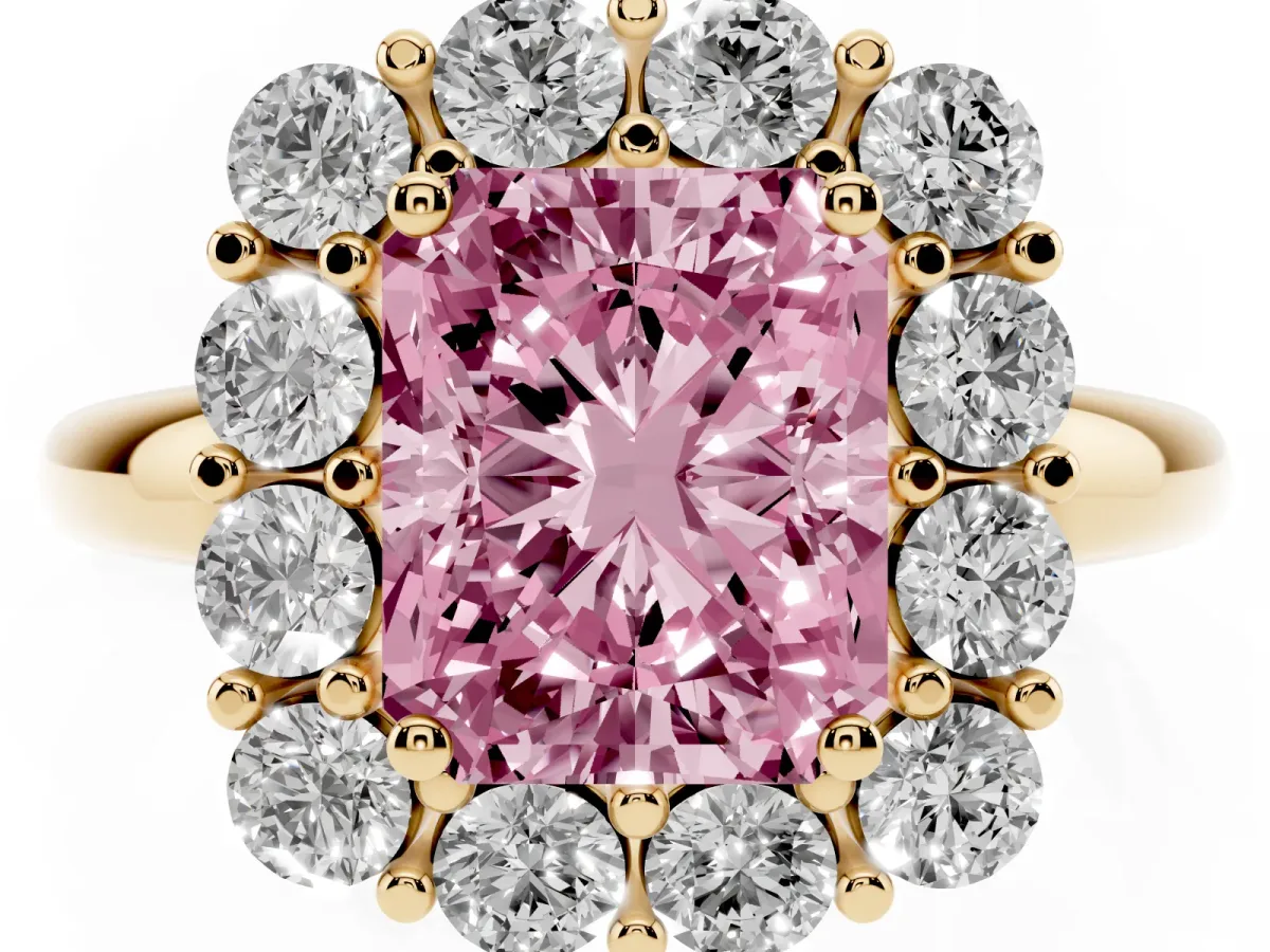 Fancy Pink Radiant Cut Halo Cluster Diamond Engagement Ring with Prong Setting and Polished Band Yellow gold