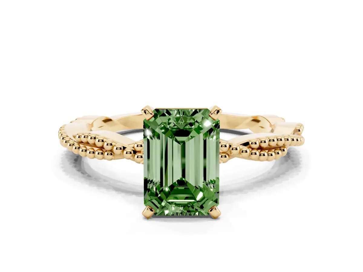 Fancy Green Emerald Cut Solitaire Twisted Band with Bead Prong Setting Yellow gold