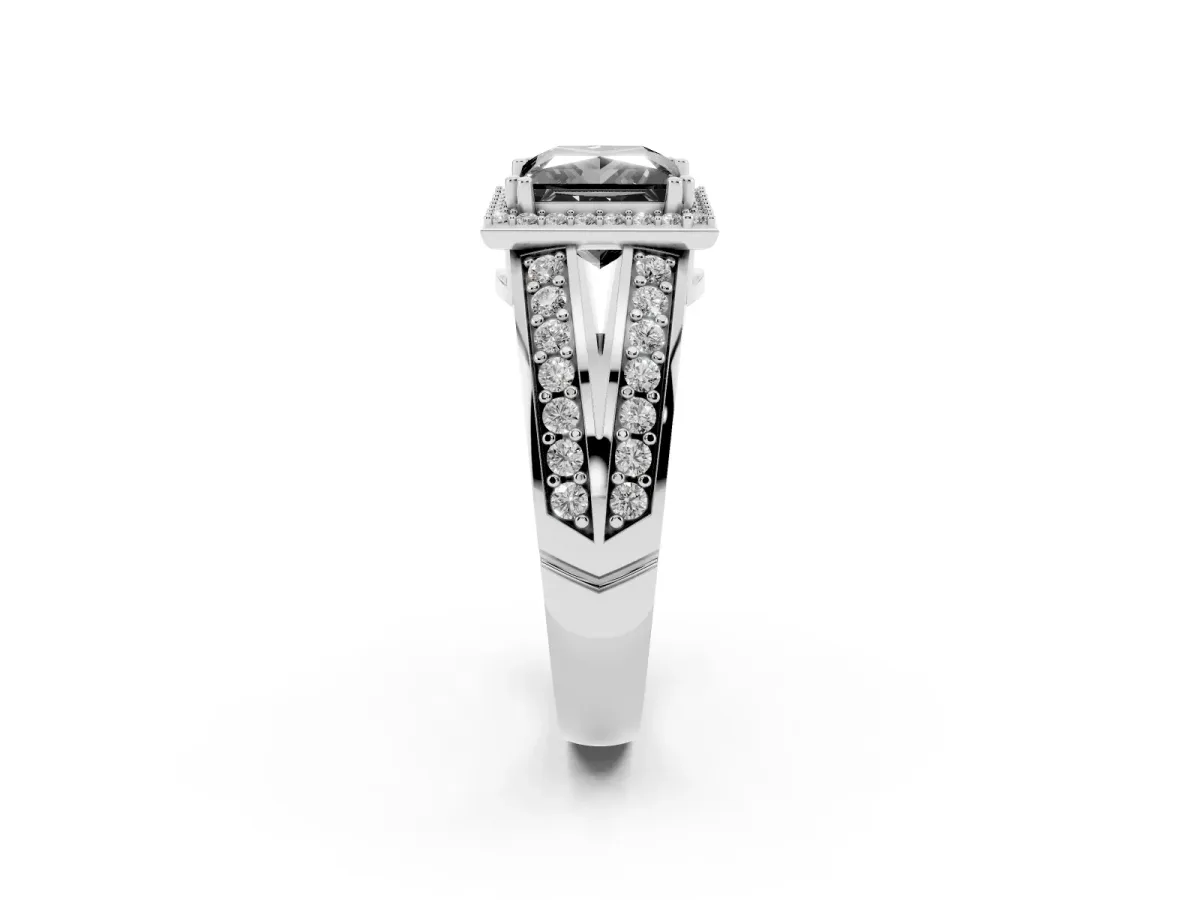 Fancy Black Princess Cut Diamond Halo Ring with Split Shank Pavé Band and Four-Prong Setting Platinum