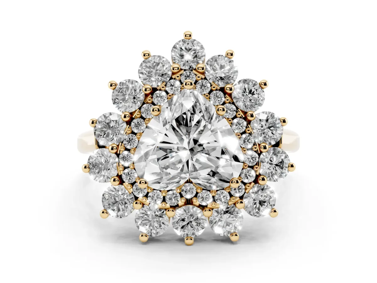 Heart Cut Diamond Floral Double Halo Engagement Ring with Prong Setting Yellow gold