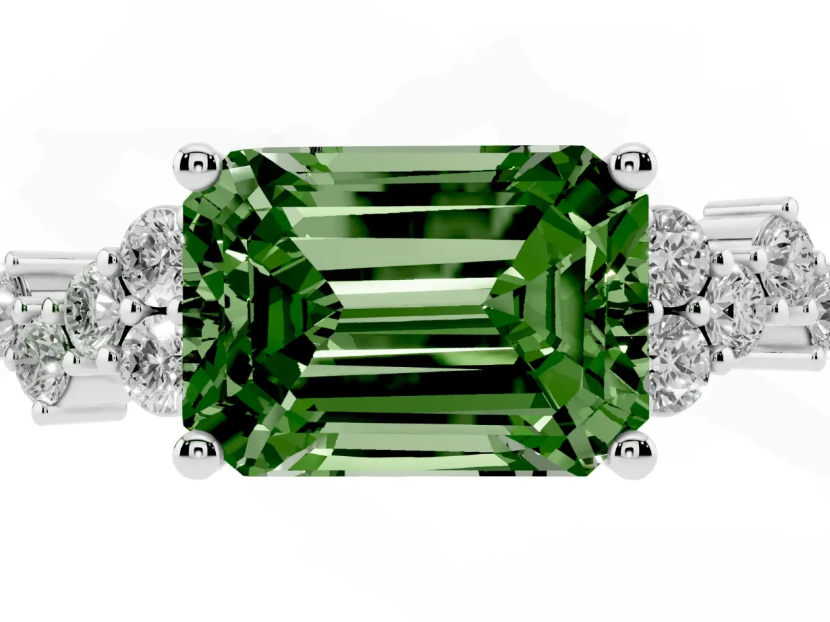 Fancy Green Emerald Cut Diamond Scattered Round Accent Ring with Prong Setting Silver