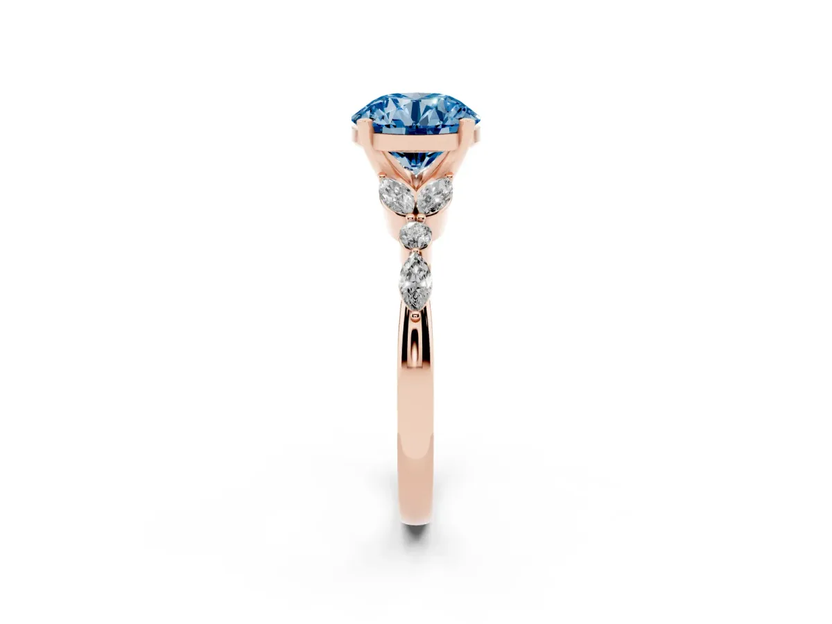 Fancy Blue Round Cut Diamond Solitaire Ring with Side Stones and Four-Prong Setting Rose gold