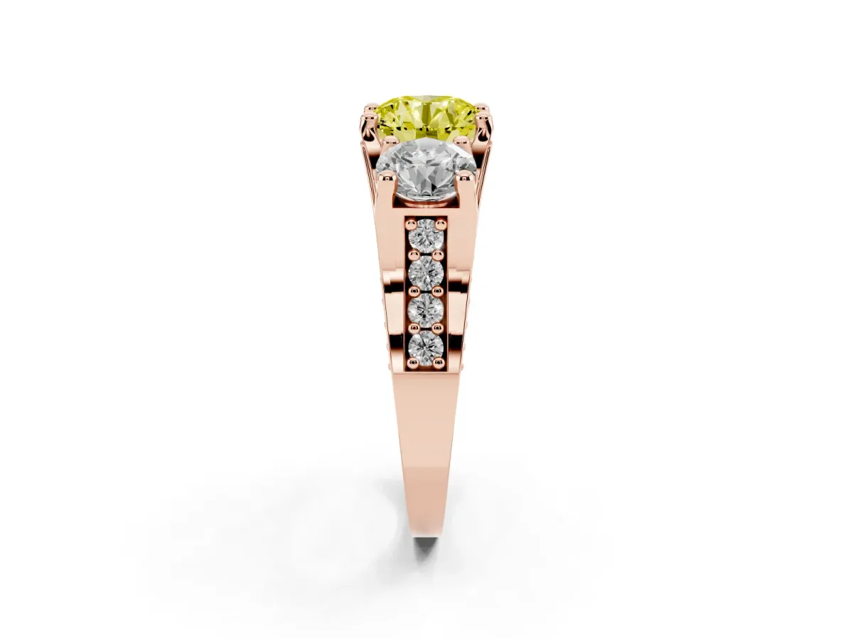 Fancy Yellow Round Cut Diamond Three-Stone Ring with Channel Set Band and Four-Prong Setting Rose gold