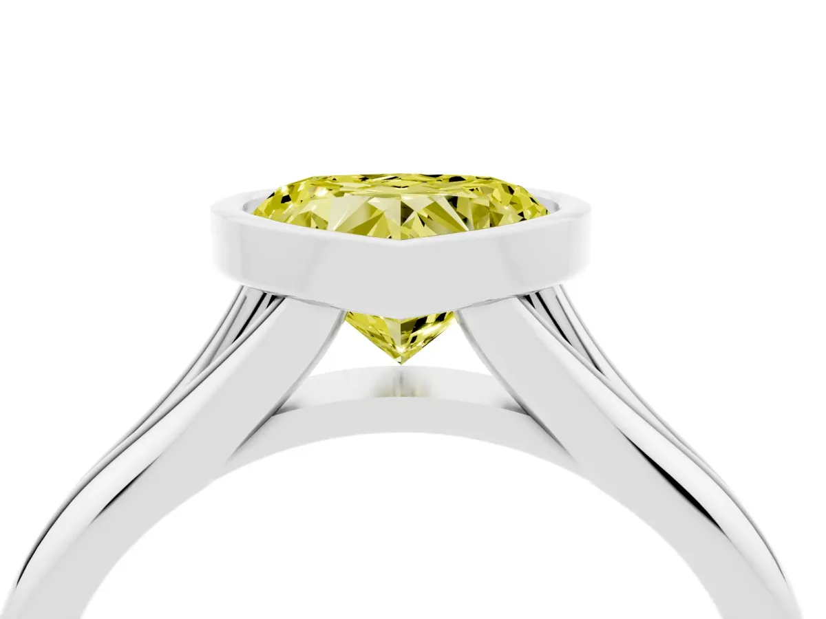 Fancy Yellow Bezel Set Heart Cut Solitaire Diamond Ring with Smooth Band Silver