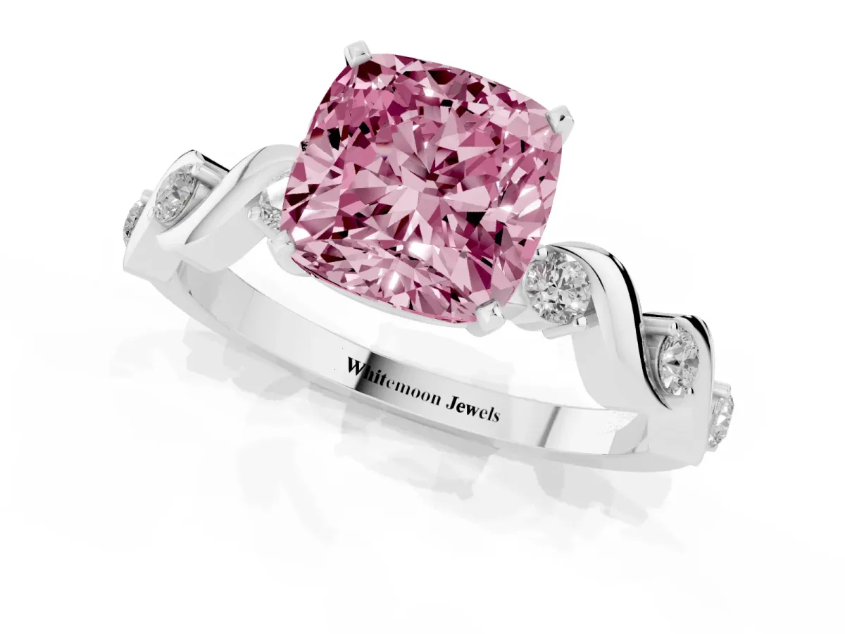 Fancy Pink Cushion Cut Diamond Solitaire Twisted Band with Round Accents and Prong Setting Silver