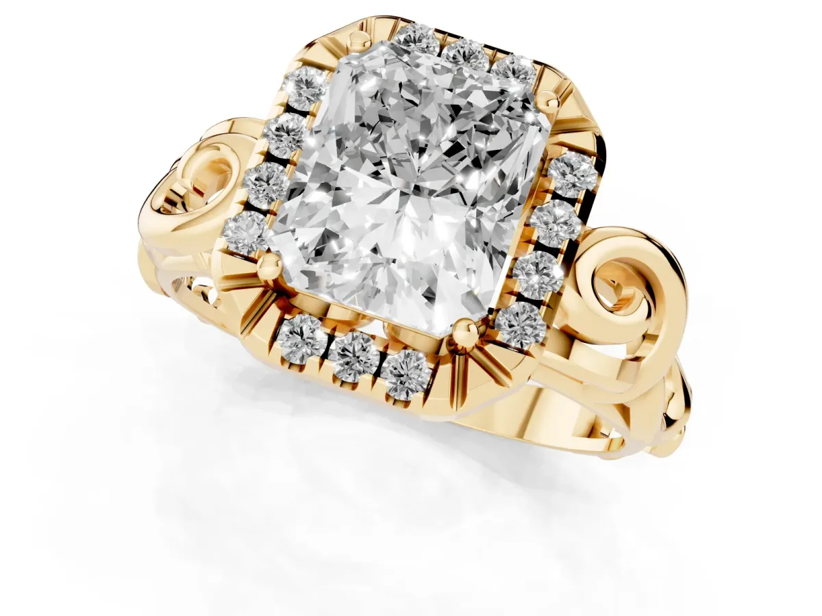Radiant Cut Cut Halo Diamond Ring with Scrollwork Band and Four-Prong Setting Yellow gold