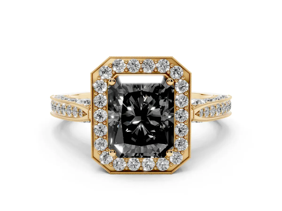 Fancy Black Radiant Cut Halo Diamond Engagement Ring with Split Shank Band and Four-Prong Setting Yellow gold