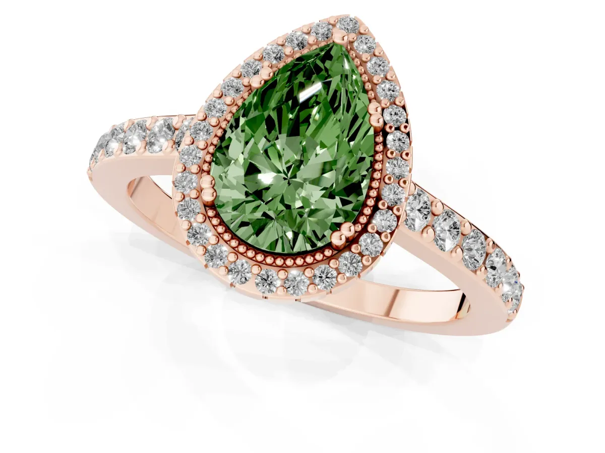 Fancy Green Pear Cut Cut Diamond Halo Engagement Ring with Milgrain Detail and Pavé Band Rose gold