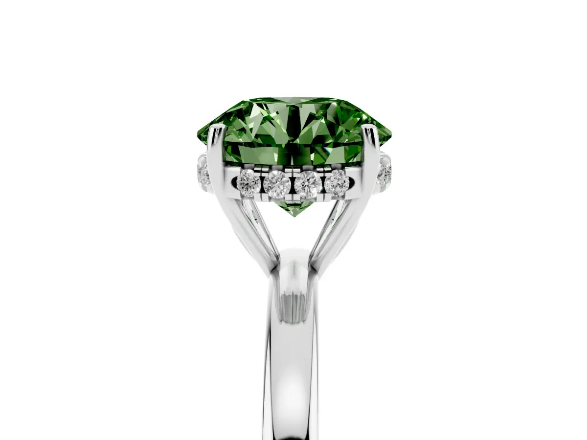 Fancy Green Round Cut Solitaire Diamond Ring with Prong Setting and Plain Band Silver