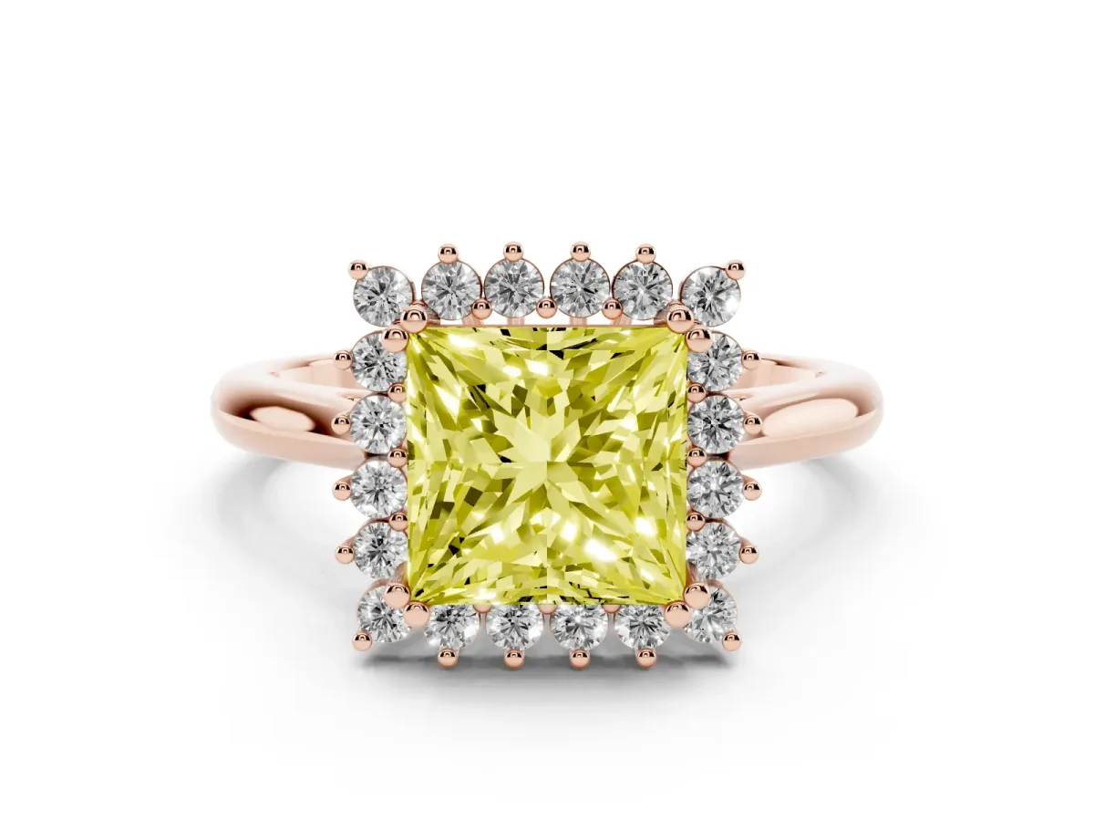 Fancy Yellow Princess Cut Cut Diamond Halo Ring with Solitaire Band and Prong Setting Rose gold
