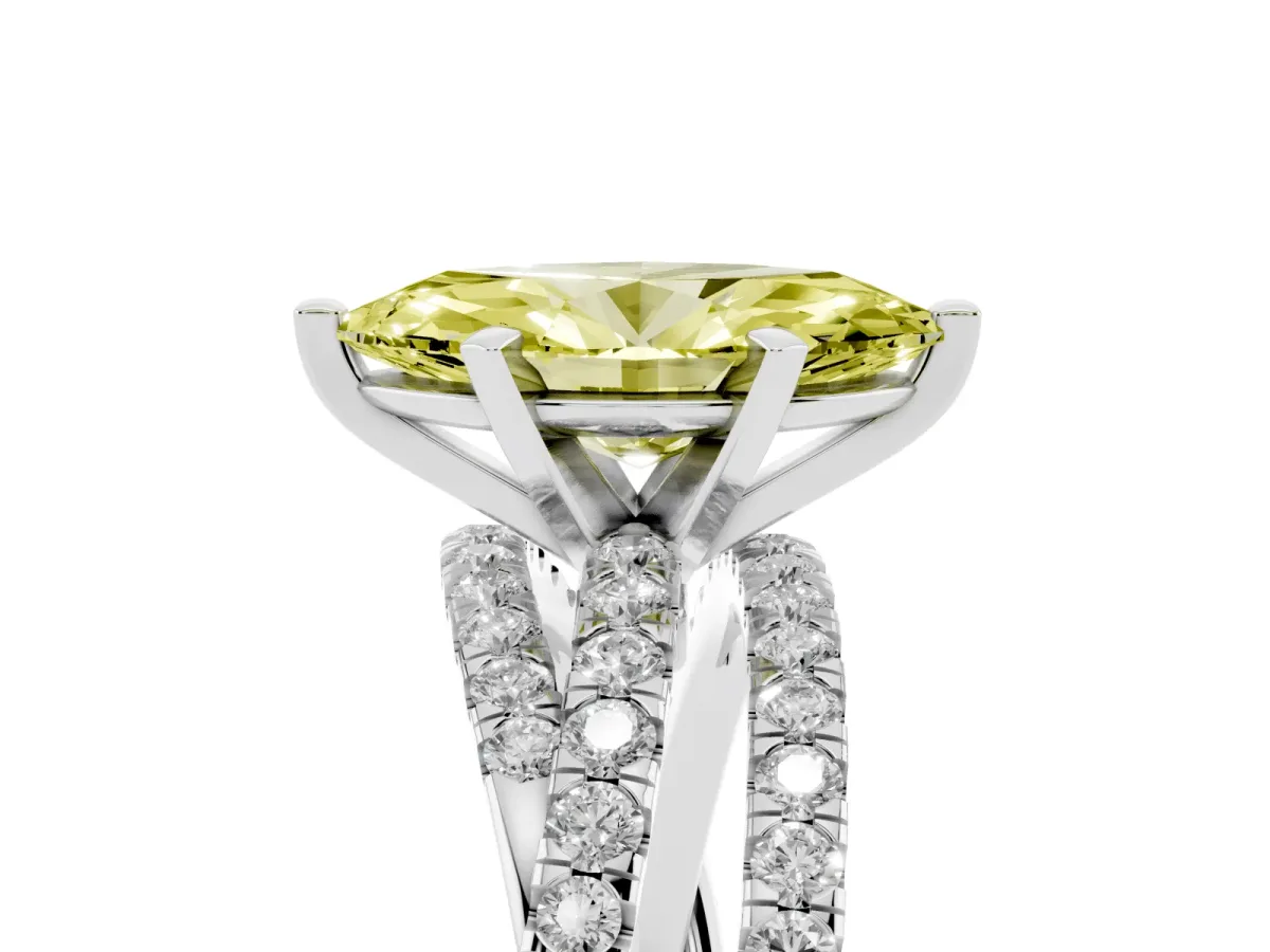 Fancy Yellow Marquise Cut Solitaire Twist Band with Pavé Setting and Four-Prong Setting Platinum