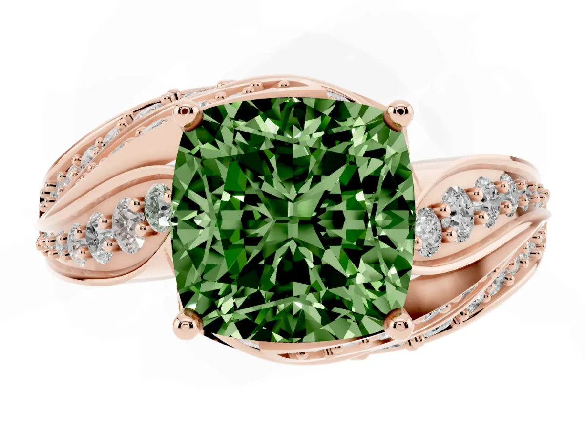 Fancy Green Cushion Cut Diamond Solitaire Ring with Prong Setting and Twisted Pavé Band Rose gold