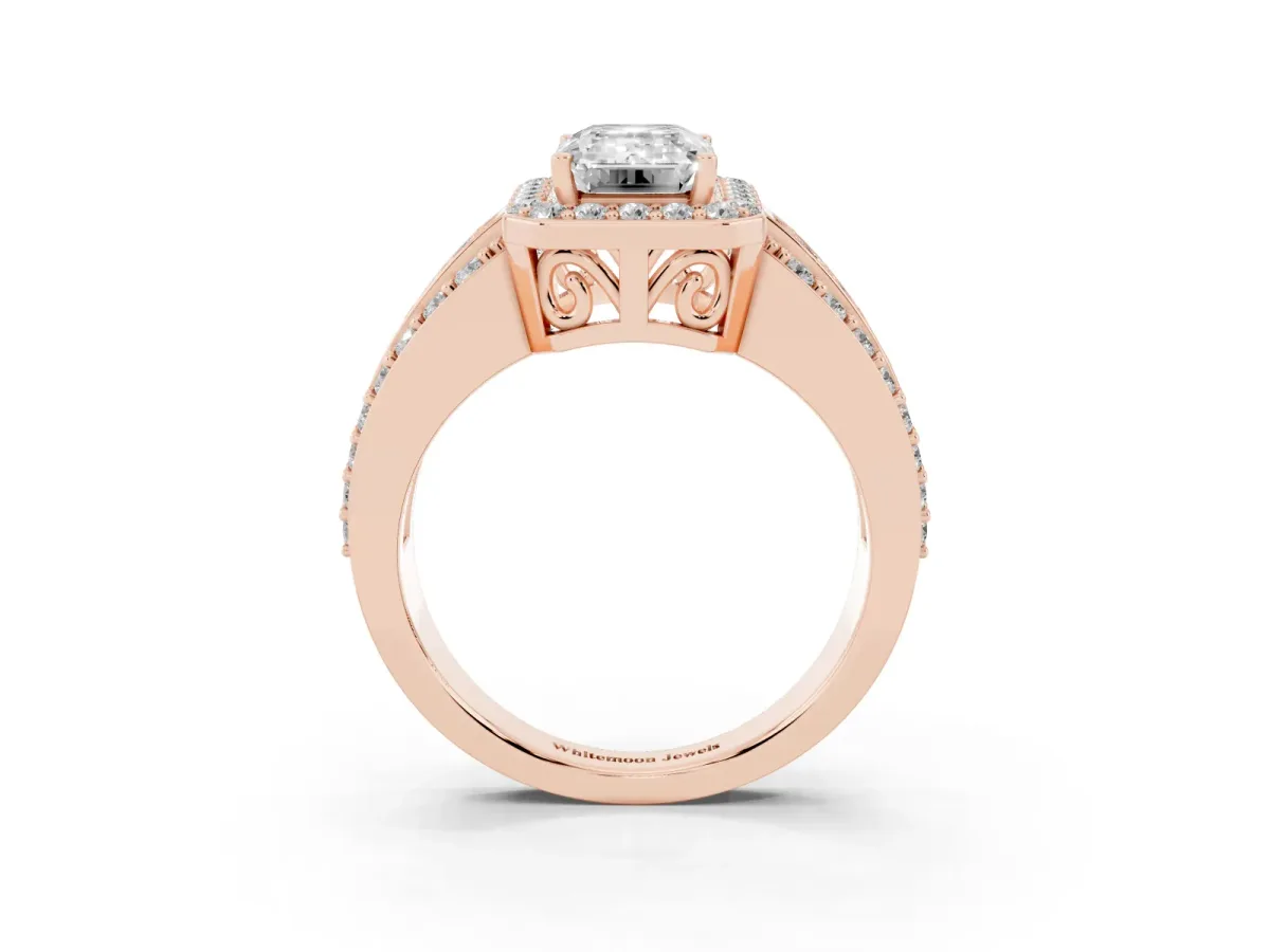 Emerald Cut Halo Diamond Ring with Round Split Shank and Prong Setting Rose gold