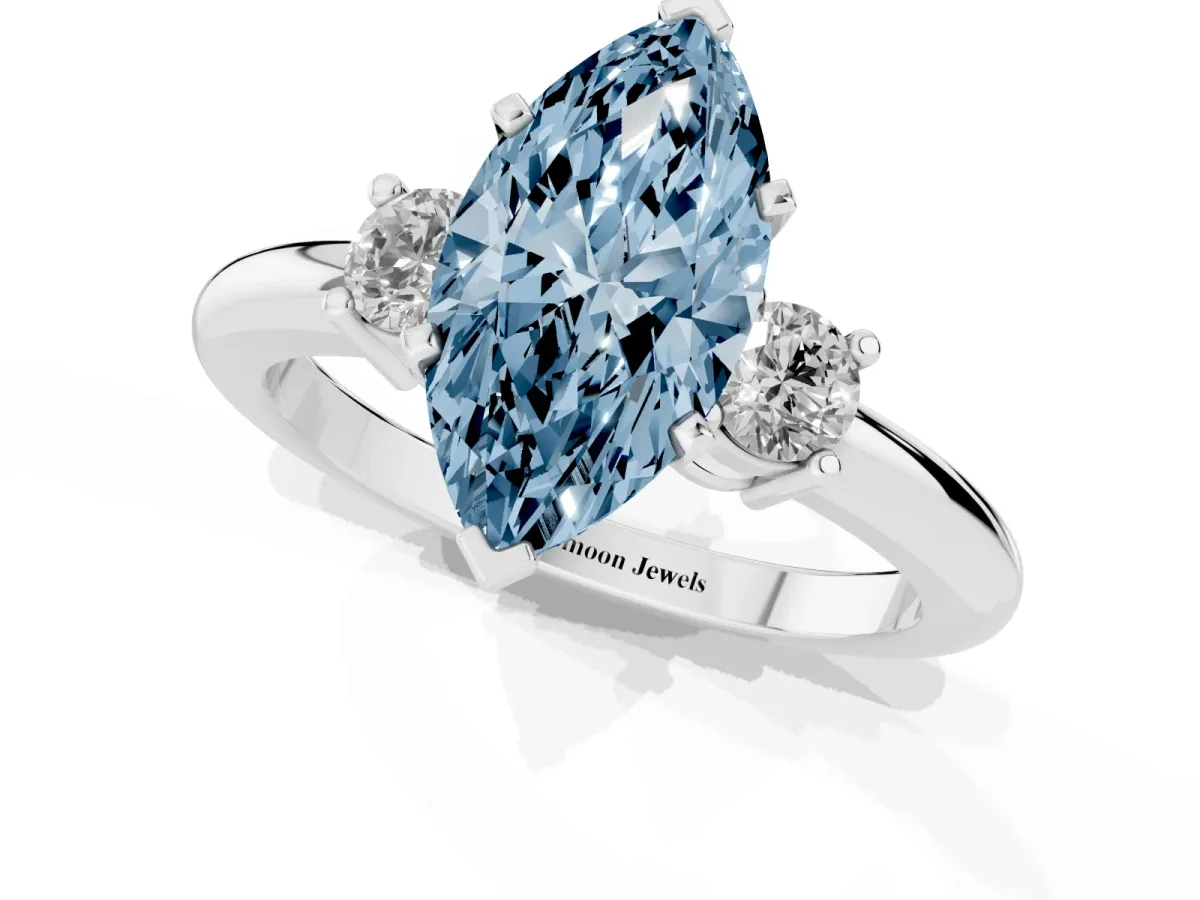 Fancy Blue Three-Stone Marquise Cut Cut Diamond Solitaire with Prong Setting and Classic Band Silver