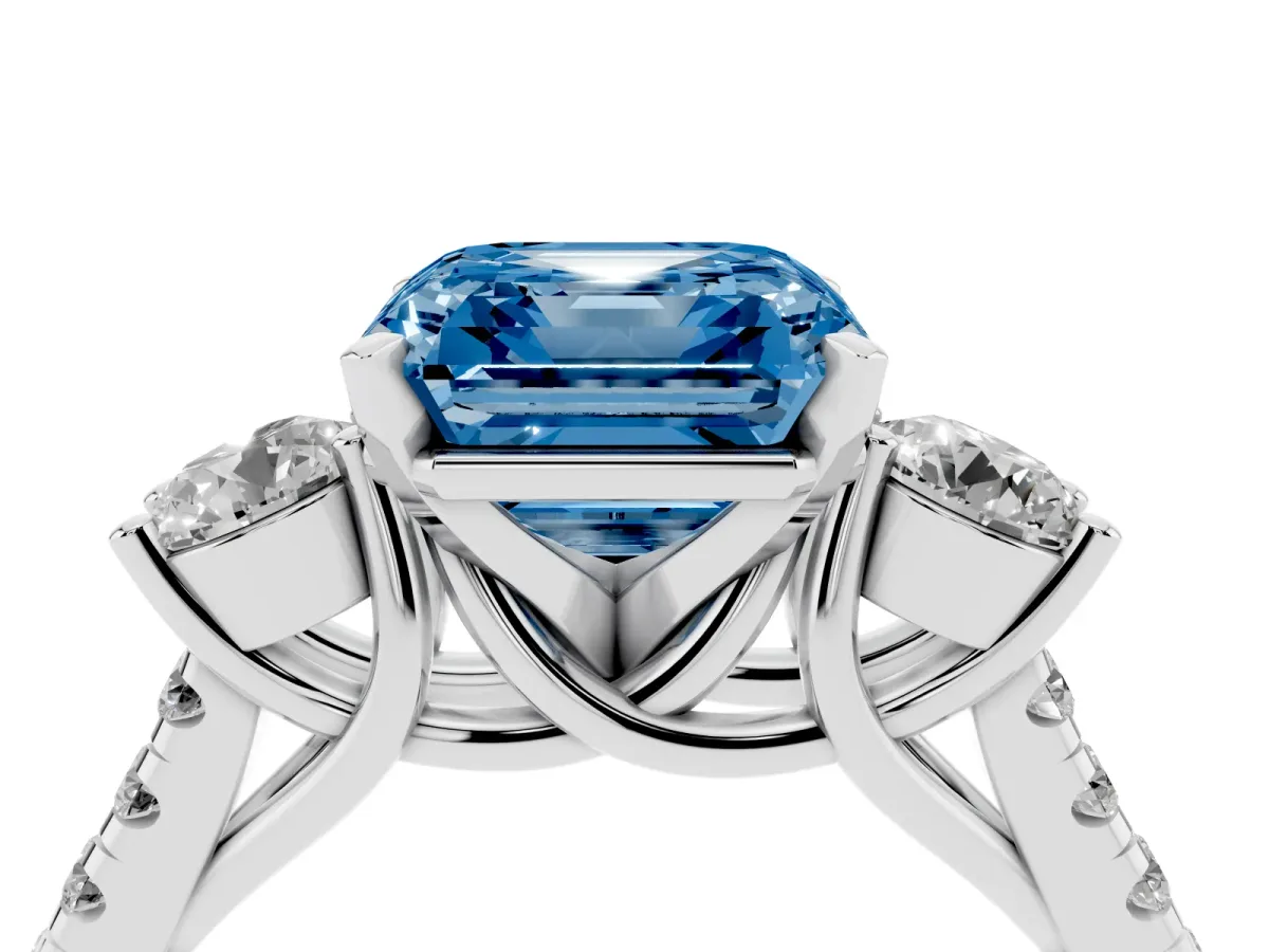 Fancy Blue Three-Stone Asscher Cut Diamond Pavé Band with Four-Prong Setting Platinum