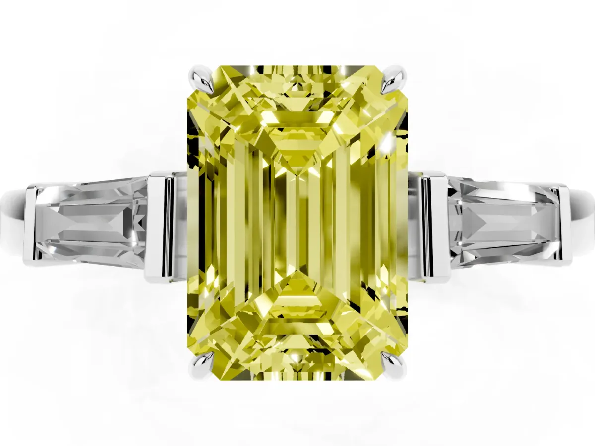 Fancy Yellow Emerald Cut Diamond Three-Stone Ring with Tapered Baguette Side Stones and Prong Setting White gold