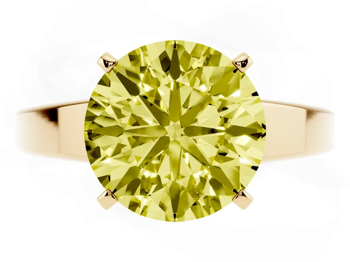 Fancy Yellow Round Cut Solitaire Engagement Ring with Four-Prong Setting and Tapered Band Yellow gold