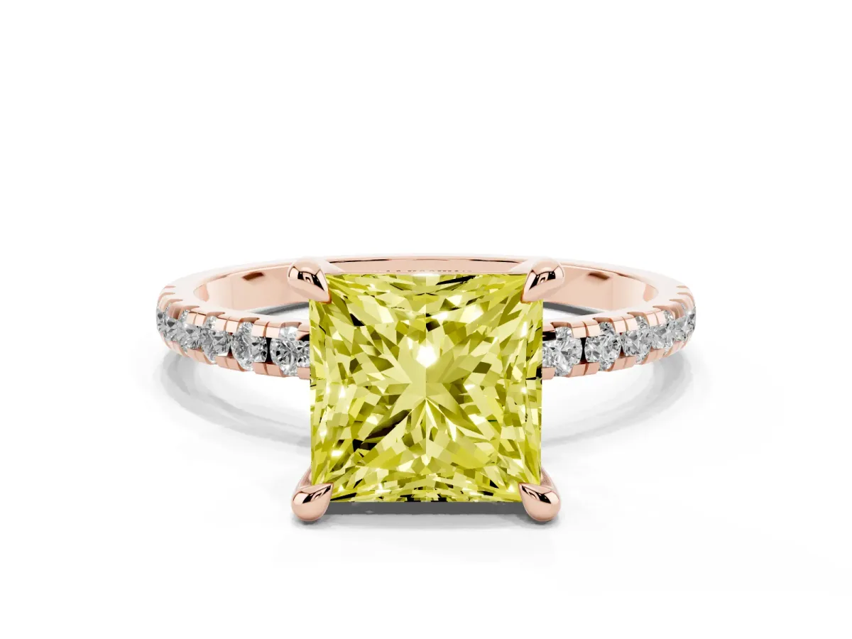Fancy Yellow Princess Cut Diamond Brilliant Solitaire Ring with Pavé Band and Four-Prong Setting Rose gold