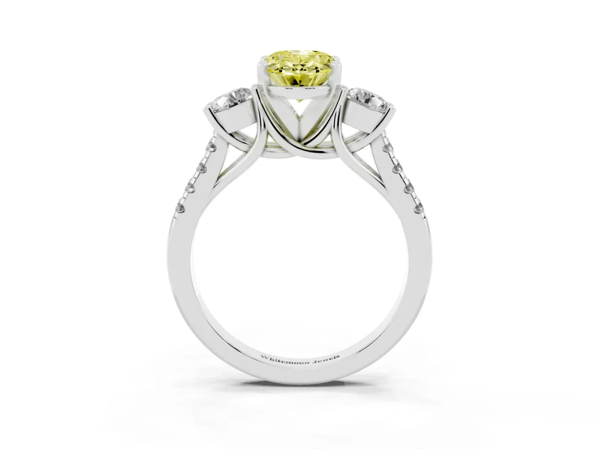 Fancy Yellow Three-Stone Oval Cut Diamond Pavé Band with Four-Prong Setting Platinum