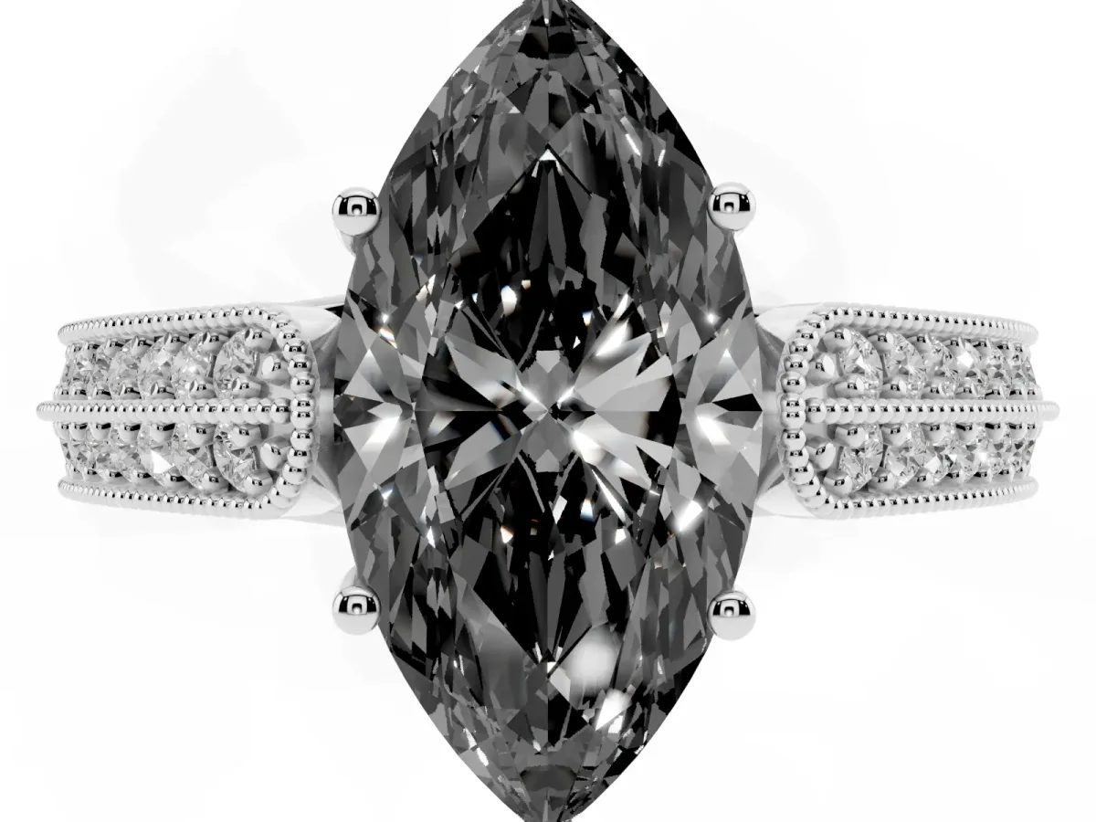 Fancy Black Marquise Cut Cut Pave Split Shank Engagement Ring with Four-Prong Setting White gold
