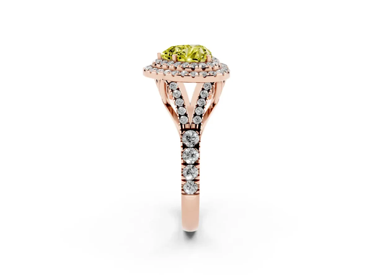 Fancy Yellow Heart Cut Cut Double Halo Split Shank Diamond Ring with Prong Setting Rose gold