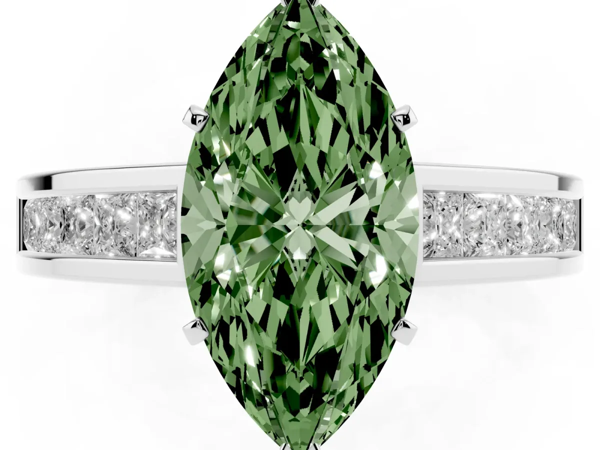 Fancy Green Marquise Cut Solitaire Diamond Ring with Channel-Set Band and Four-Prong Setting White gold
