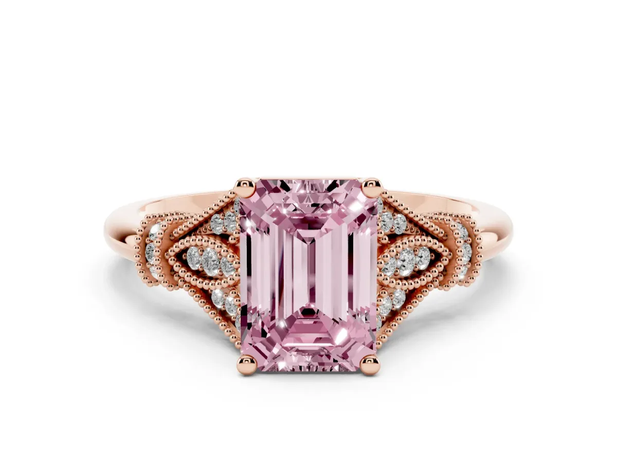 Fancy Pink Emerald Cut Diamond Solitaire Ring with Floral Filigree and Pave Accents Rose gold