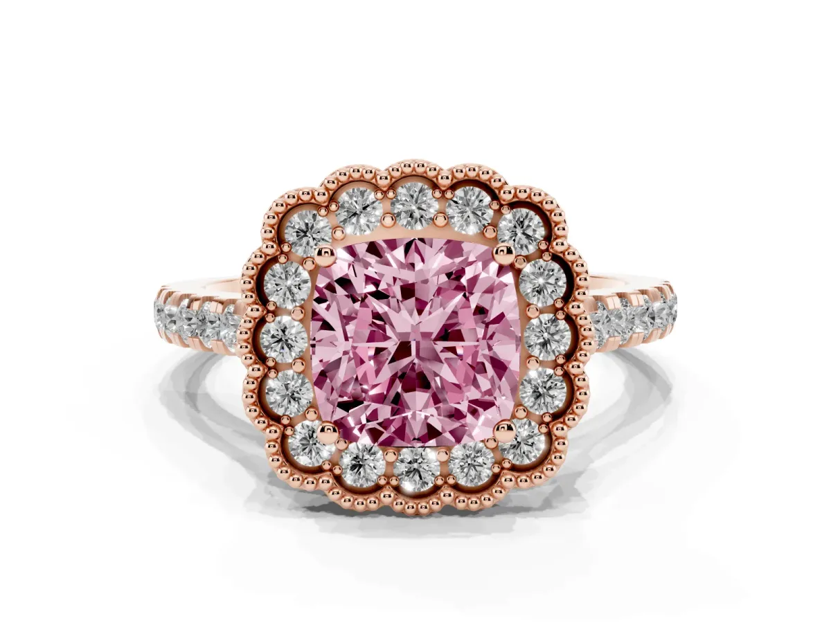 Fancy Pink Cushion Cut Cut Diamond Milgrain Floral Halo Engagement Ring with Pavé Band Rose gold