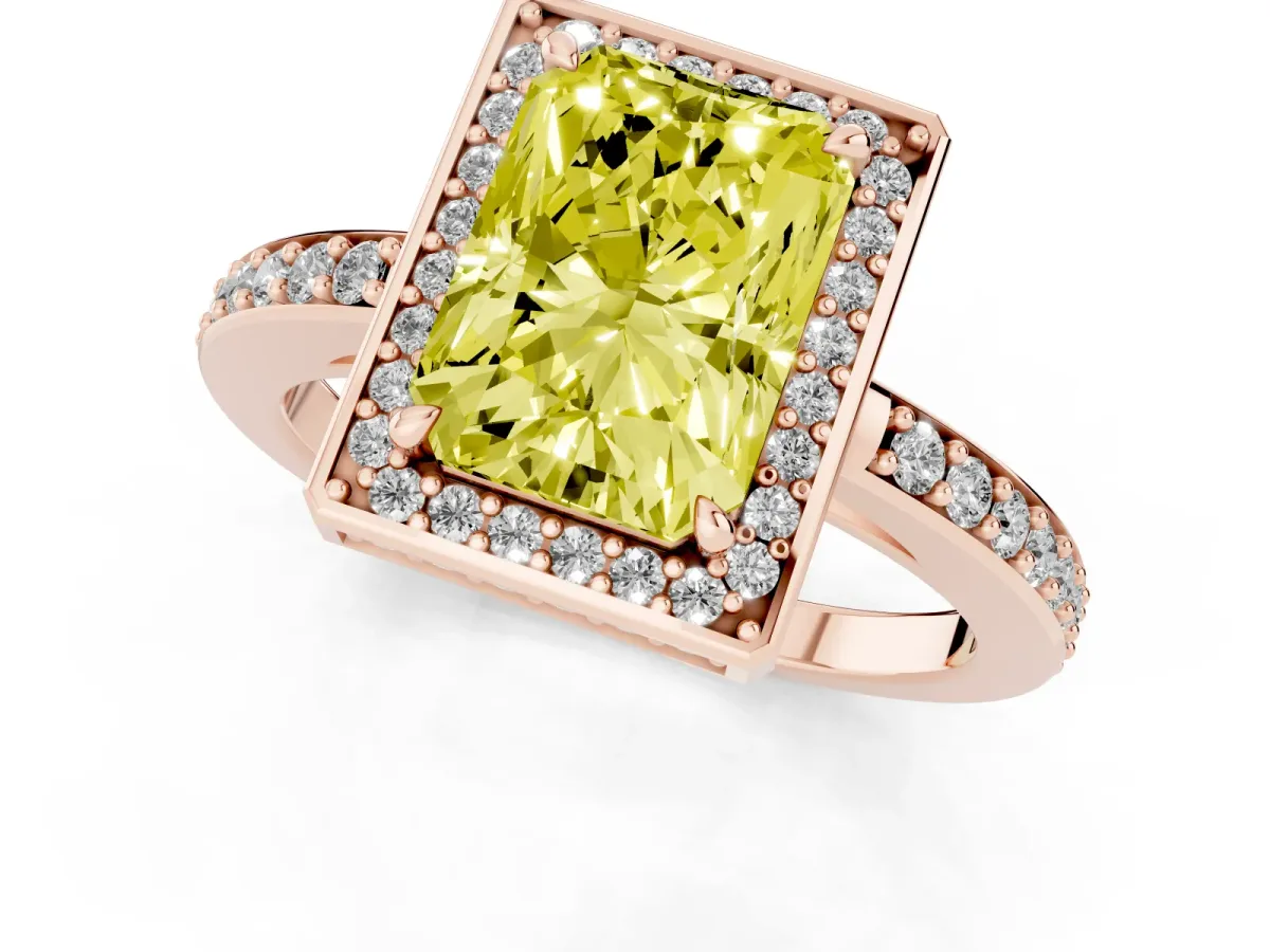 Fancy Yellow Radiant Cut Halo Pave Band Solitaire Ring with Prong Setting Rose gold